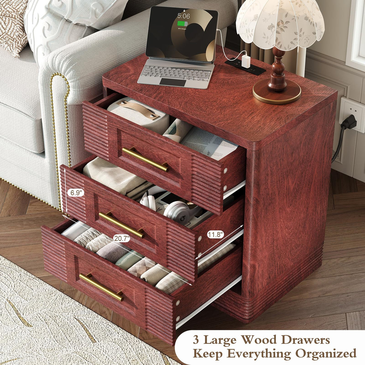 Walnut Nightstand with Charger Station R894