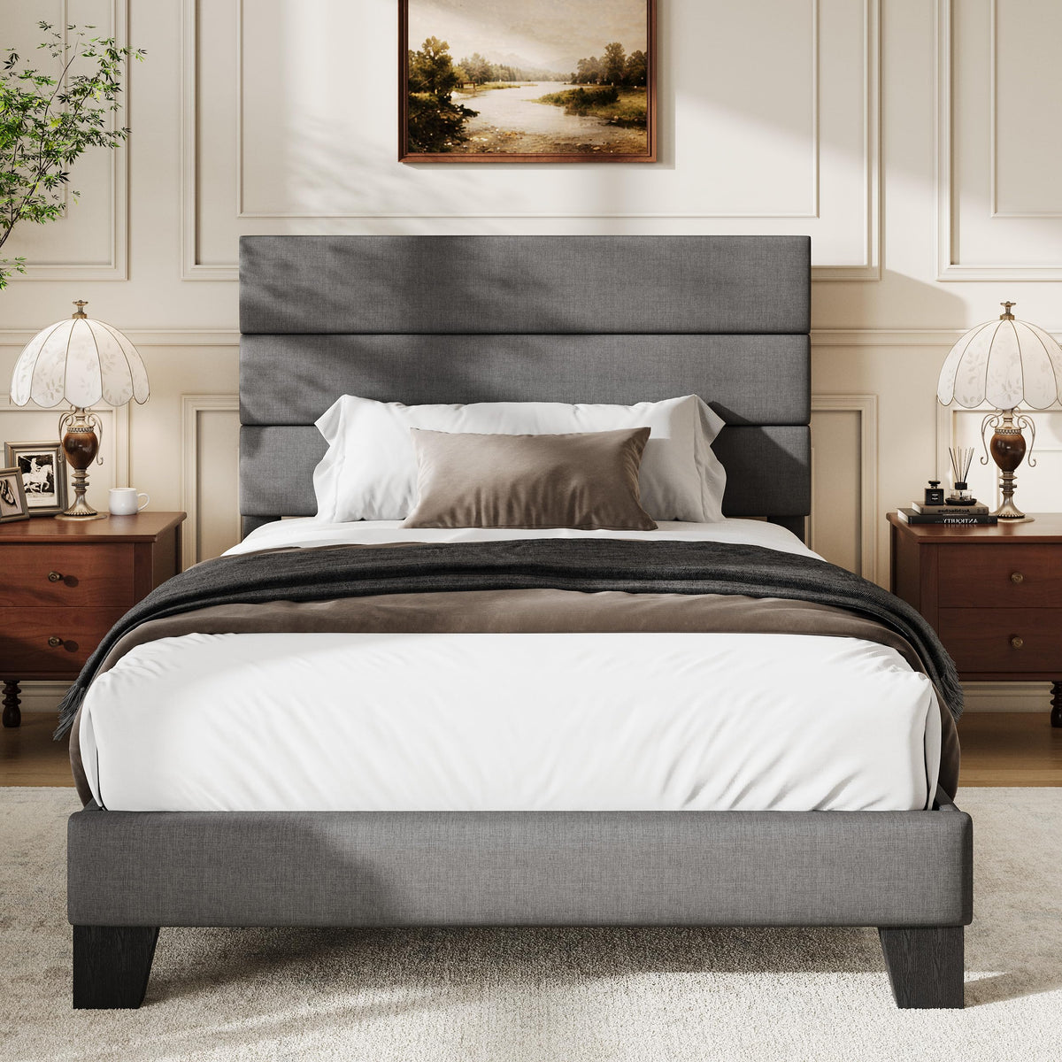 Twin Size Dark Grey Upholstered Fabric Bed Frame N791