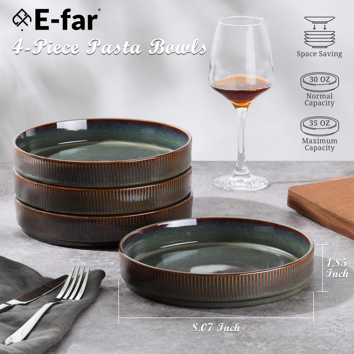 12-Piece Plates and Bowls Set and 35oz Pasta Bowls Set of 4, Stoneware Dinnerware Set for 4, Blackish Green U71808
