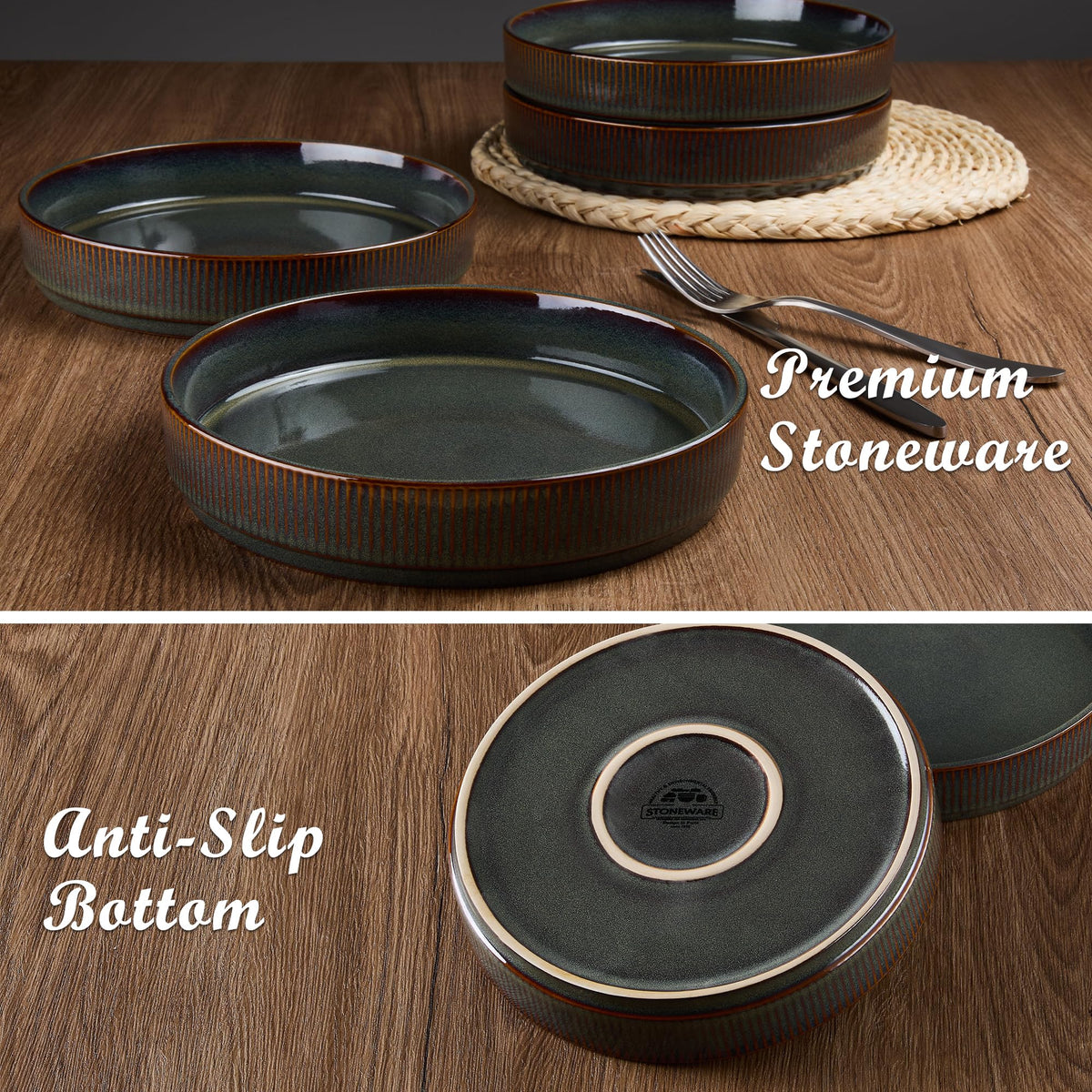 12-Piece Plates and Bowls Set and 35oz Pasta Bowls Set of 4, Stoneware Dinnerware Set for 4, Blackish Green U71808