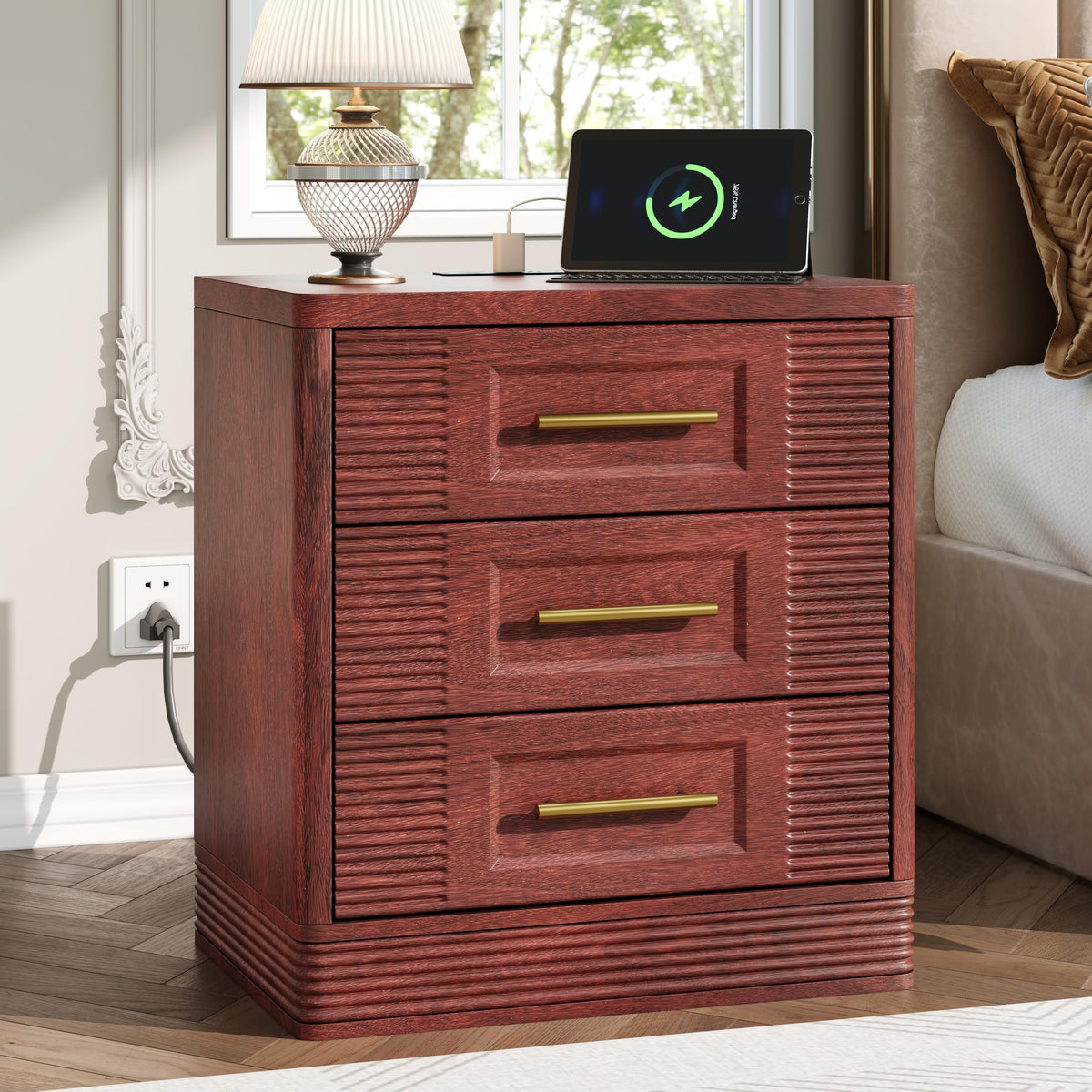 Walnut Nightstand with Charger Station R894