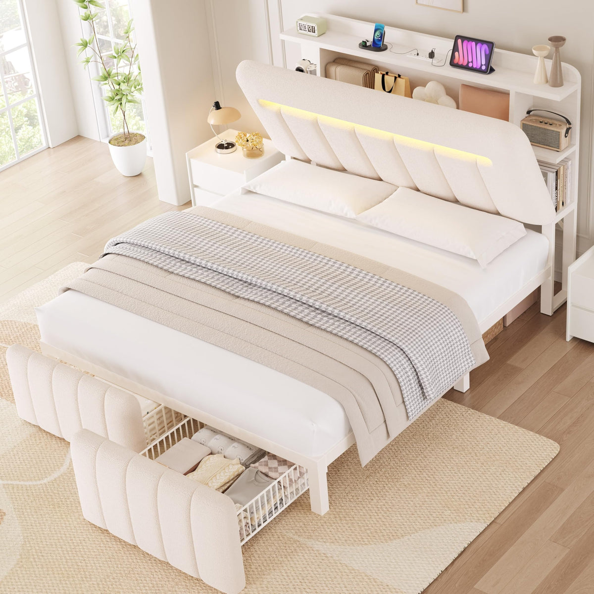 White Upholstered Storage Bed Frame Full Size with Drawers and Charging Station D3648