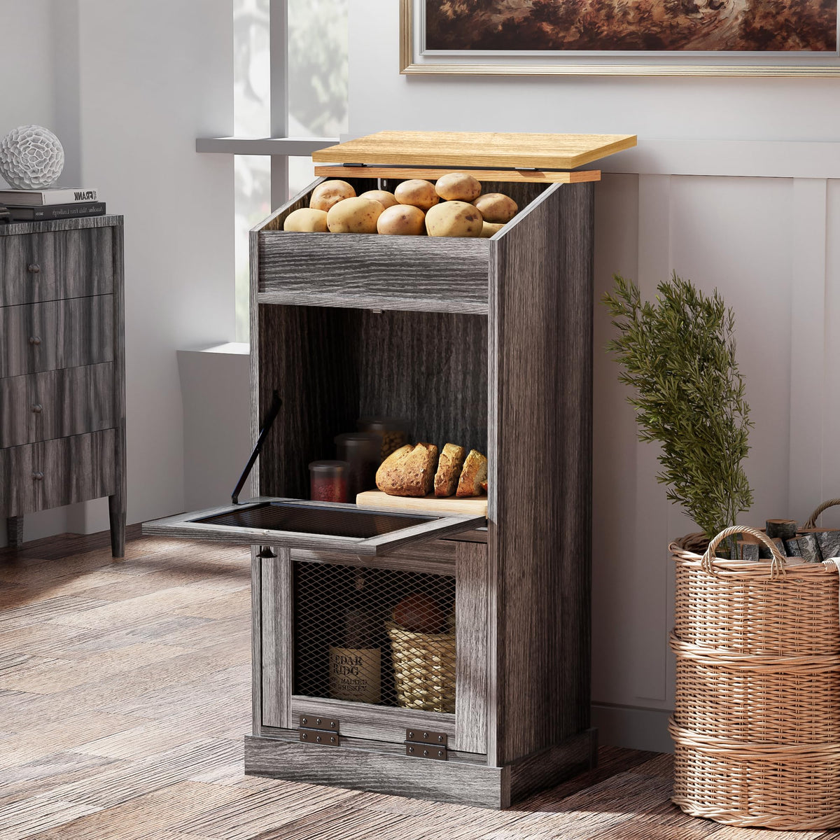 Wooden Potato and Onion Storage Bin with Lid D64423