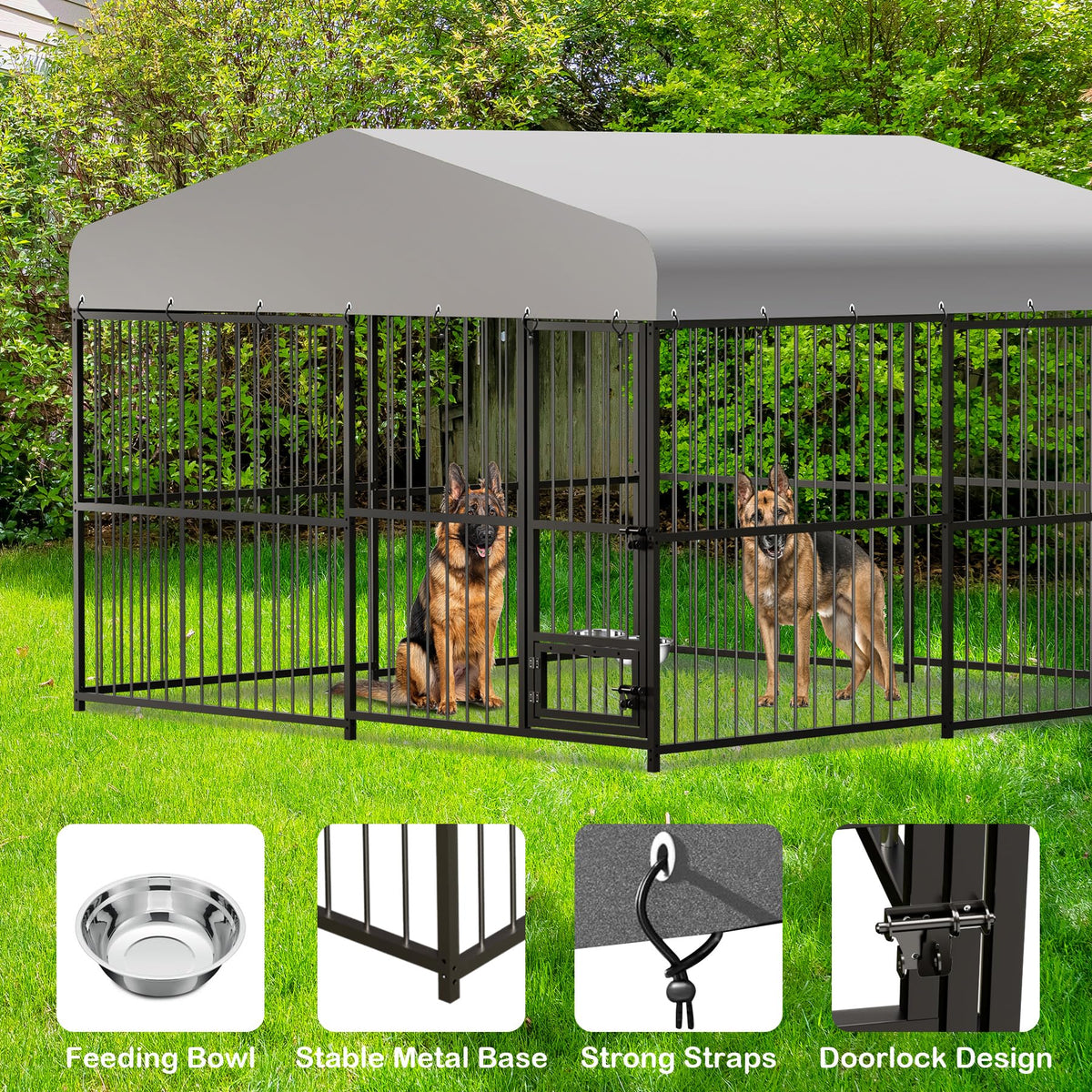 10x10ft Outdoor Dog Kennel with Feeding Door & 2 Bowls H792