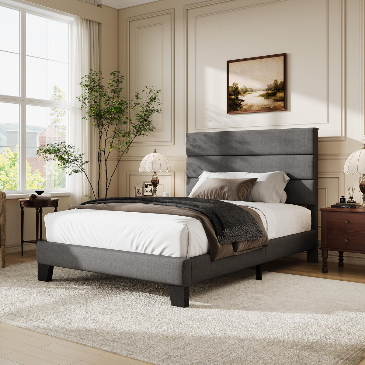 Twin Size Dark Grey Upholstered Fabric Bed Frame N791