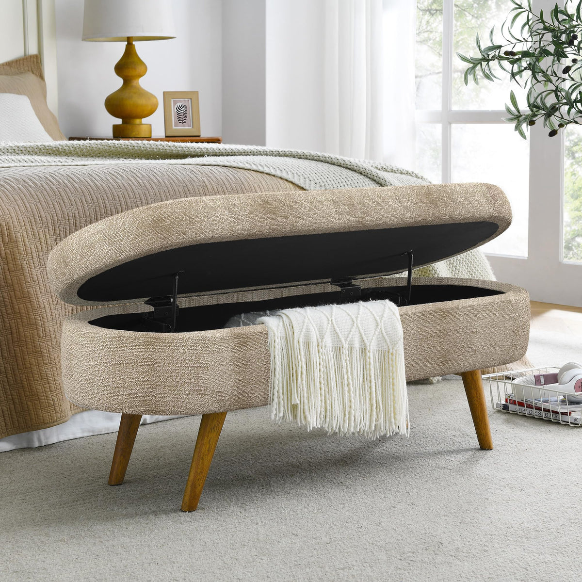 Oval Storage Bench with Rubber Wood Legs Y5493
