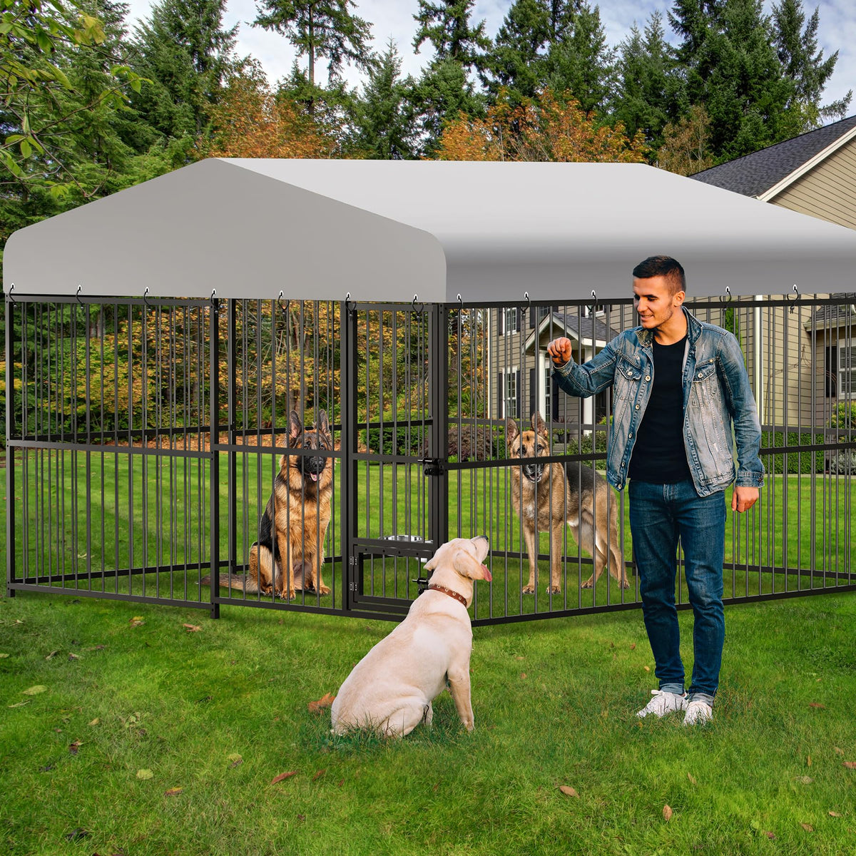 10x10ft Outdoor Dog Kennel with Feeding Door & 2 Bowls H792
