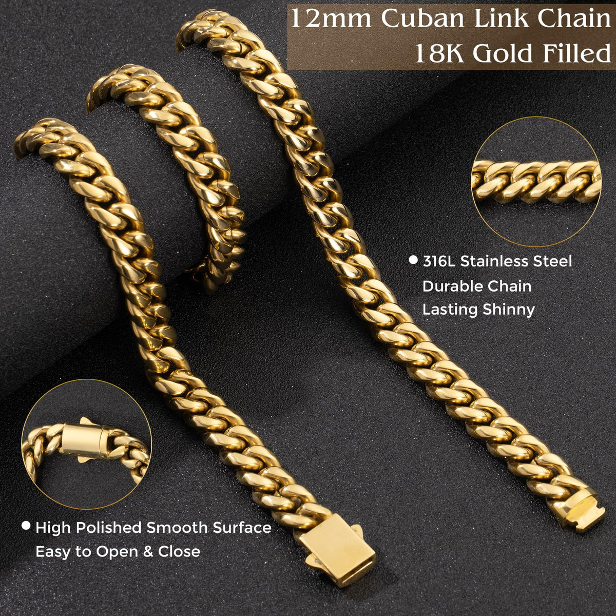 Gold Cuban Link Chain 316L Stainless Steel Necklace 20/22/24 Inches A539
