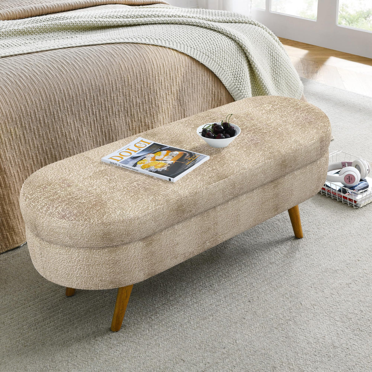 Oval Storage Bench with Rubber Wood Legs Y5493