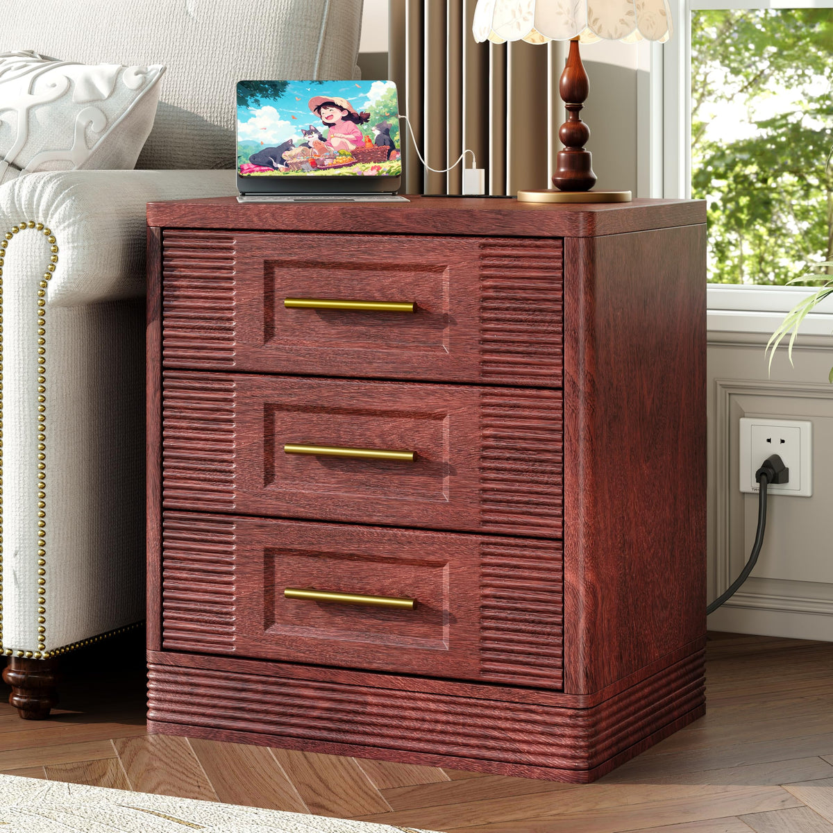 Walnut Nightstand with Charger Station R894